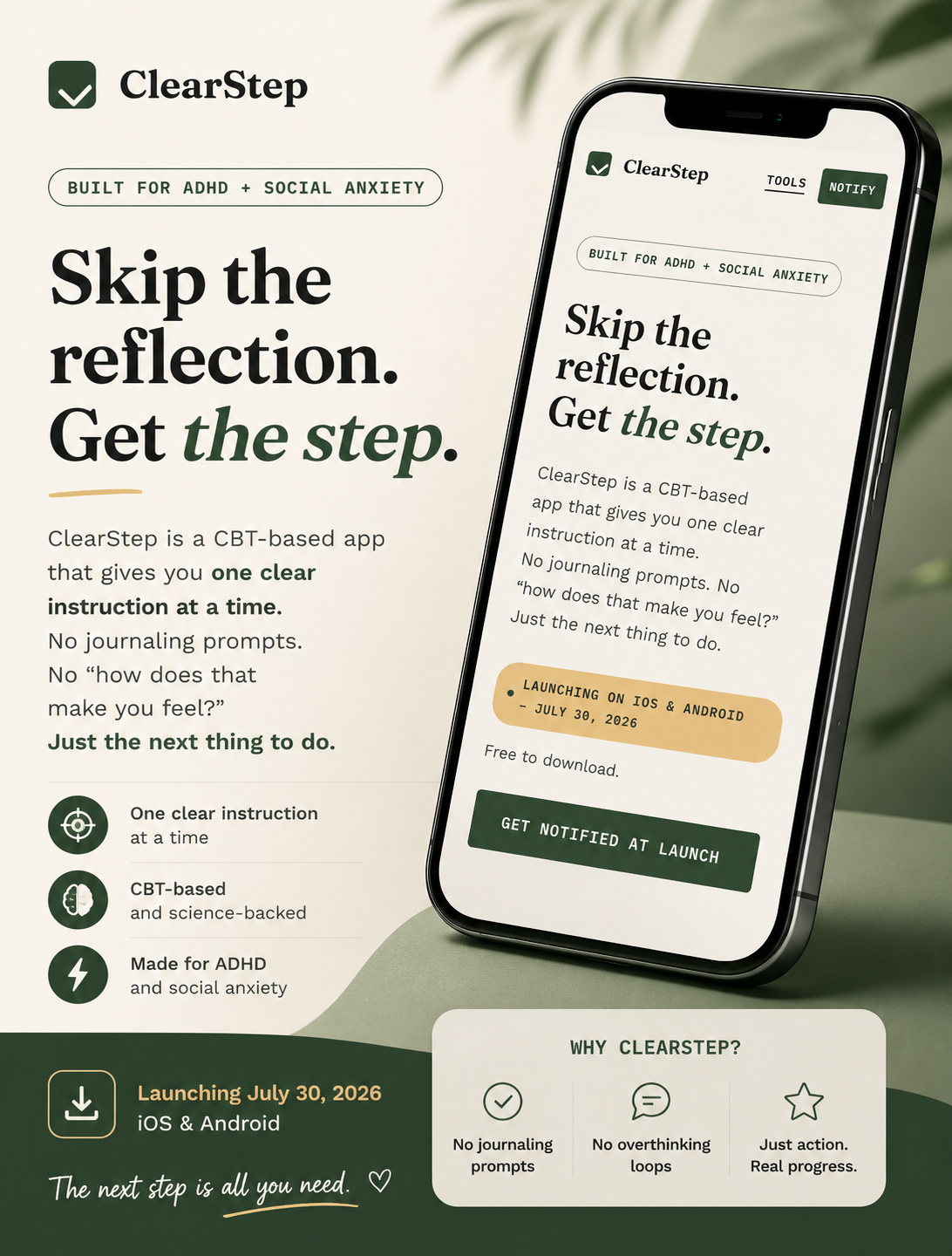 ClearStep promotional visual showing the app on a phone
